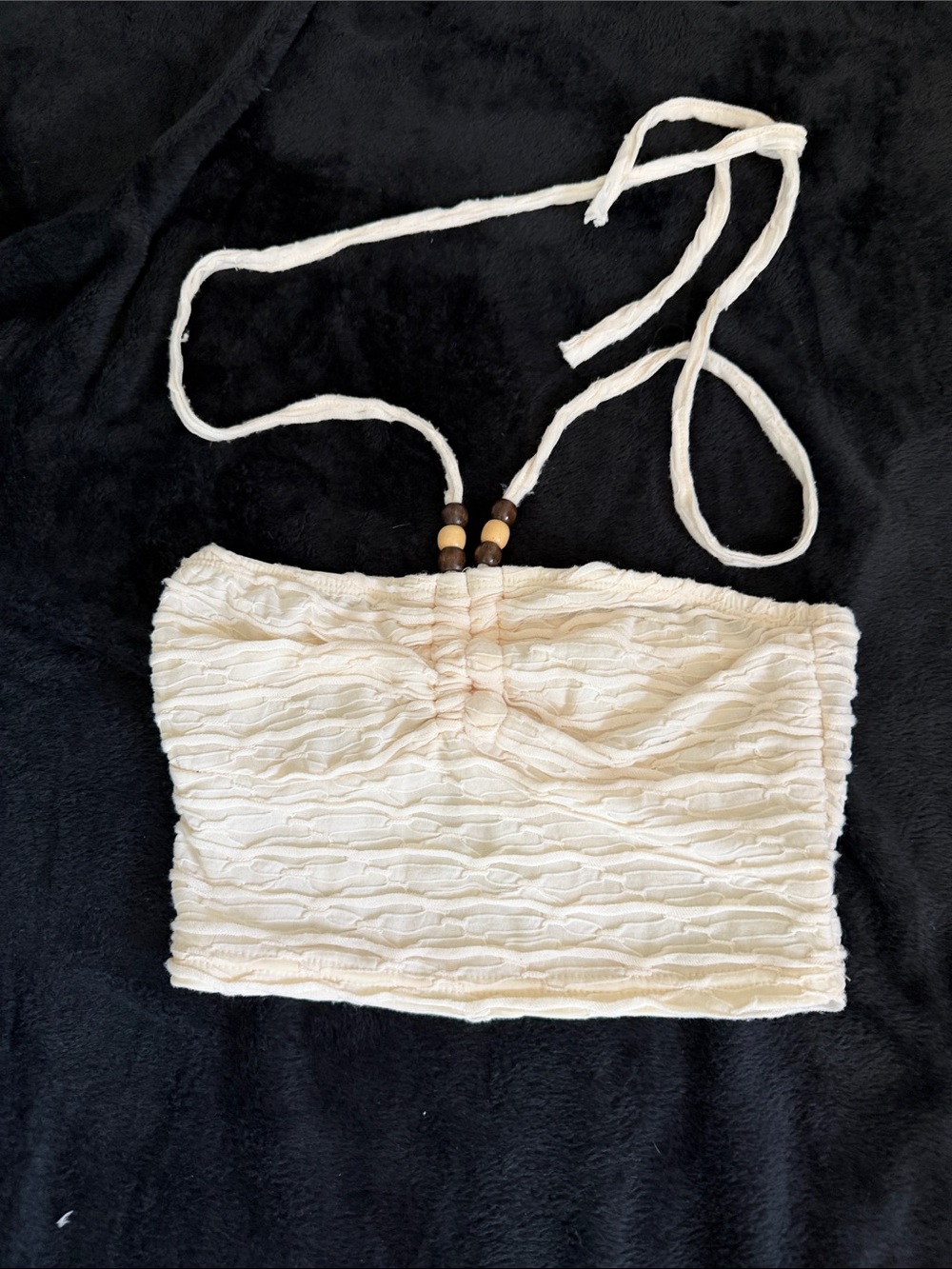 SHEIN Cream Textured Halter Tube Top with Bead Detail